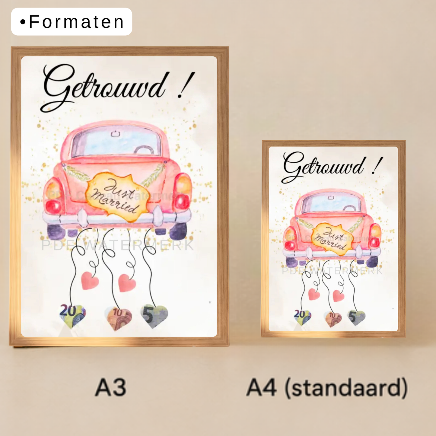 Geld cadeau bruiloft auto in fotolijst