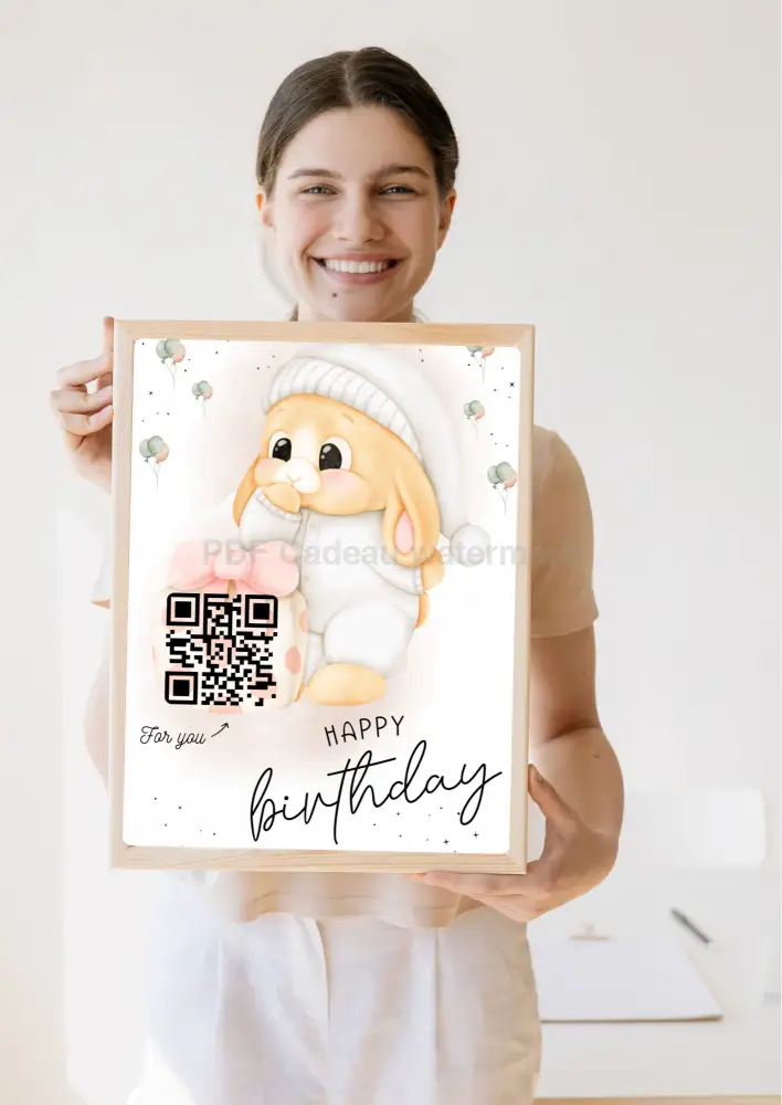 Printbare verjaardagskaart met QR-code en persoonlijke boodschap