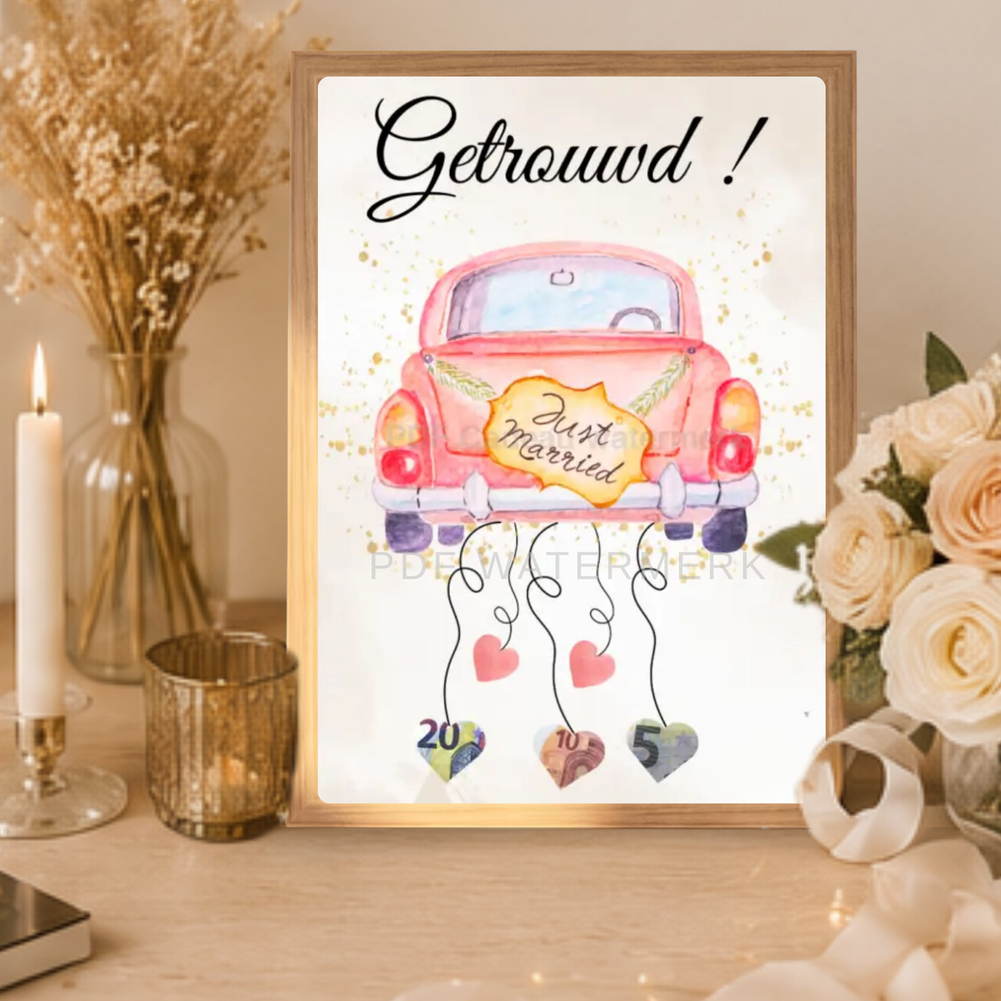 geld cadeau bruiloft auto fotolijst met geld erin voor het huwelijk