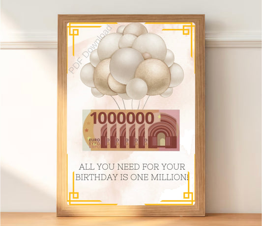 Een Miljoen Cadeau poster met luxe design en geldbriefjes