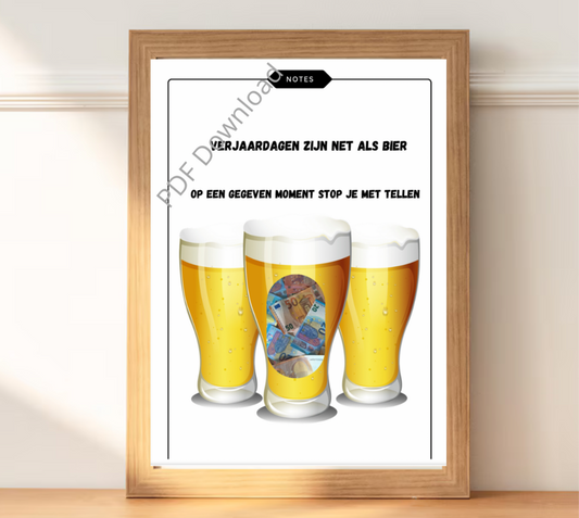 Printbaar verjaardagscadeau sjabloon - Bier thema PDF download