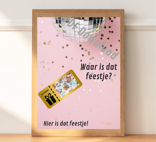 Printbaar feestcadeau sjabloon - Waar is dat Feestje? PDF download