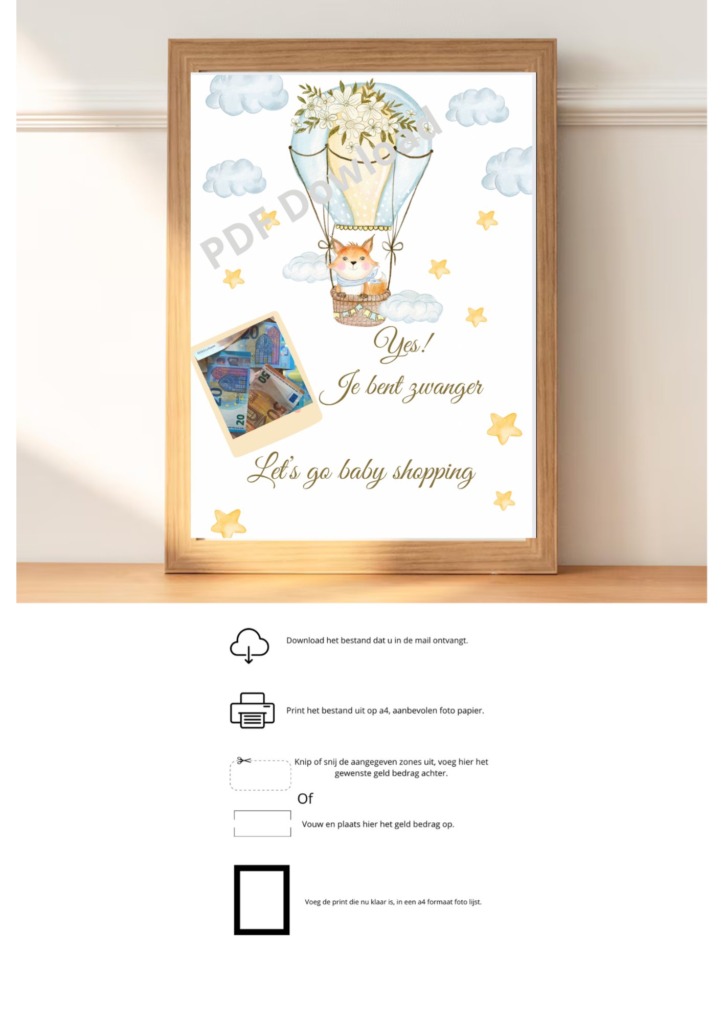 Babyshower decoratie met schattige beer en ballon - PDF print