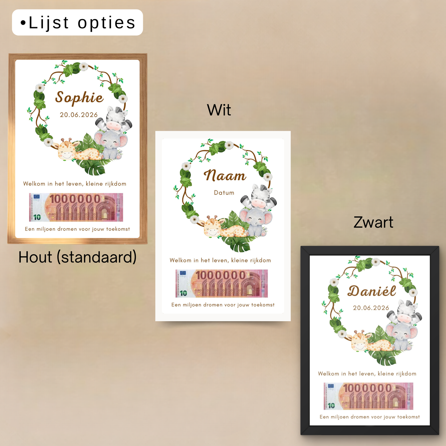 Fotolijst geldcadeau - Je eerste miljoen -  geldcadeau voor een geboren kindje