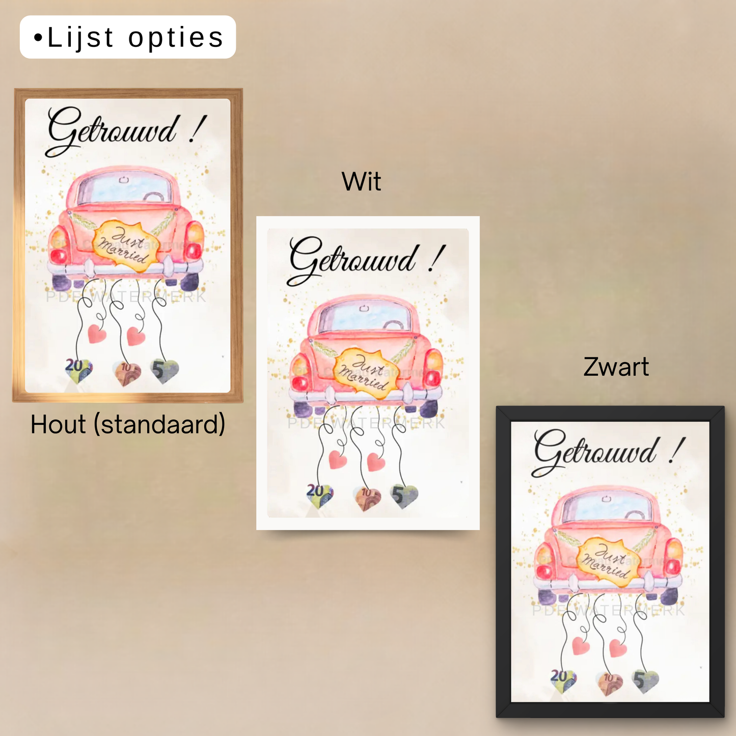 Geld cadeau bruiloft auto in fotolijst