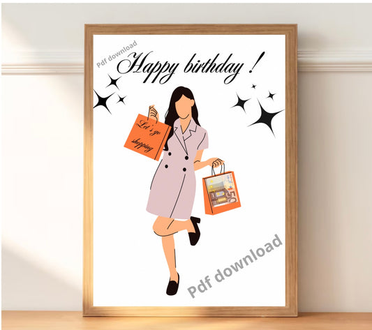 Vrolijk happy birthday ontwerp met een feestelijk personage die shopt