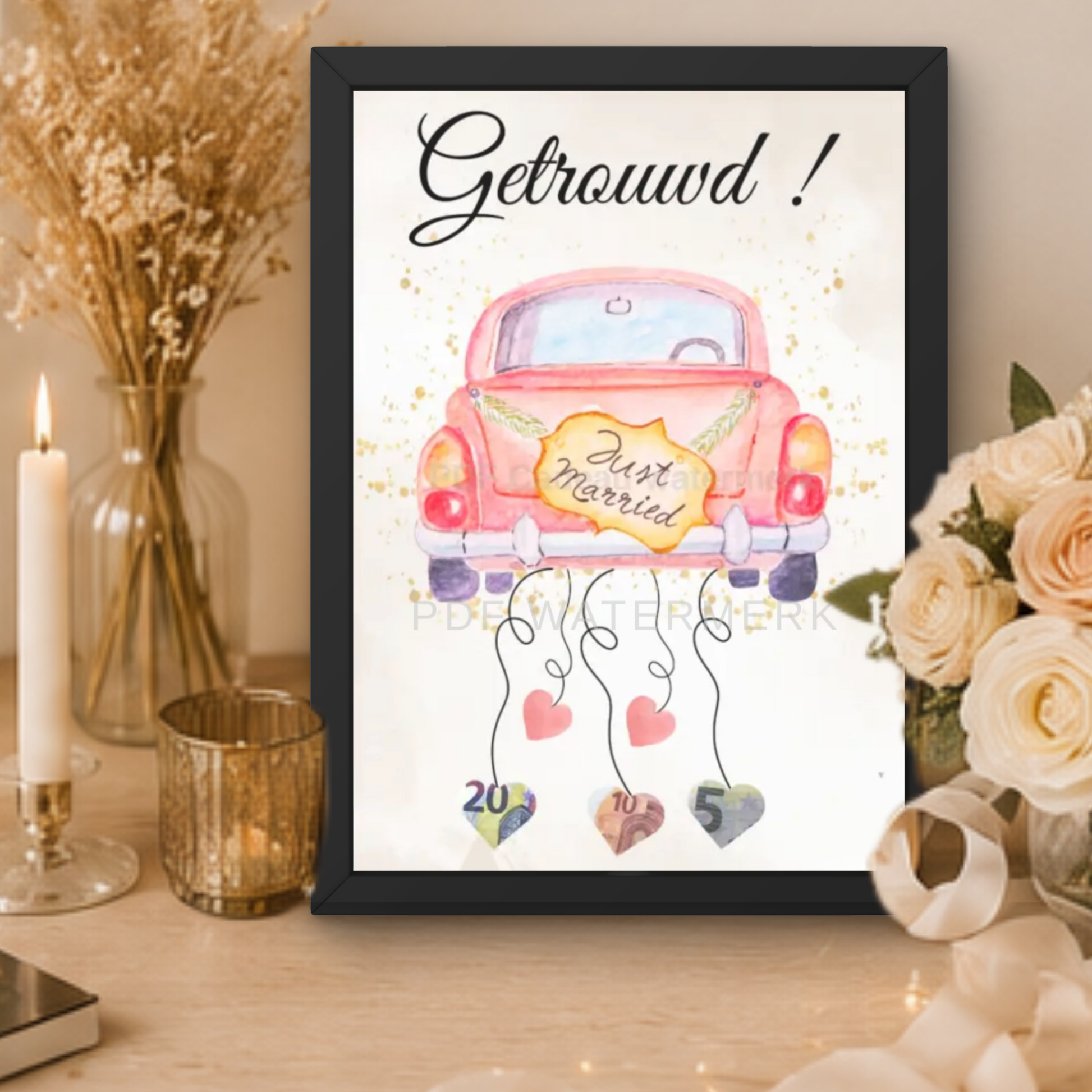 geld cadeau bruiloft auto fotolijst met geld erin voor het huwelijk