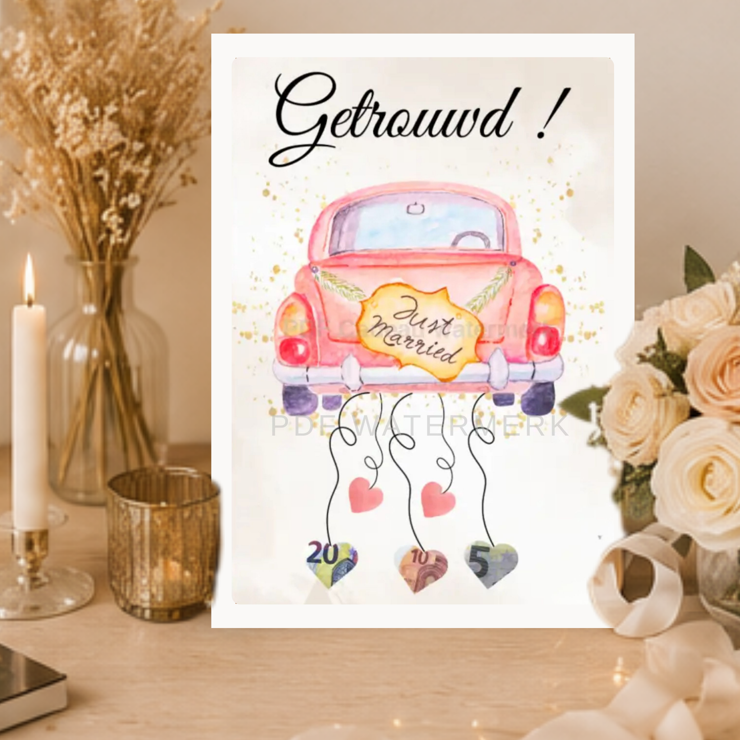 Geld cadeau bruiloft auto in fotolijst