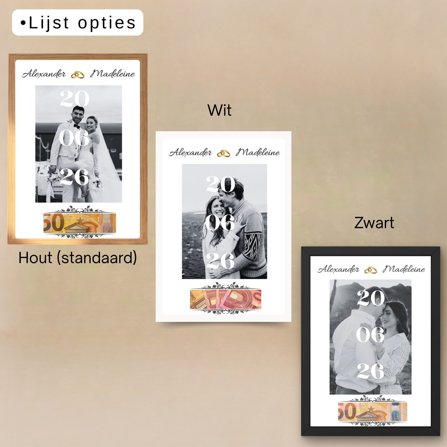 bruiloft cadeau geld in lijst 