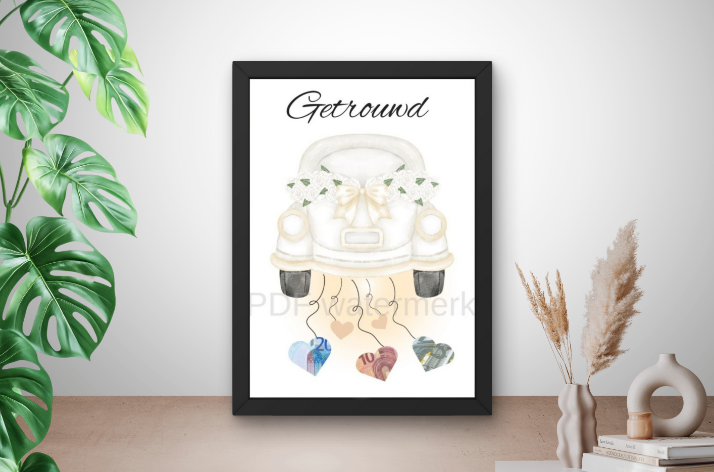 auto geld cadeau bruiloft en huwelijk met fotolijst