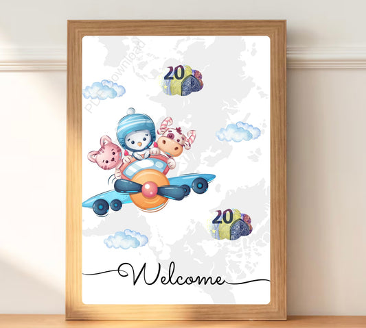 Schattig "welcome" ontwerp met een vliegtuigje en dieren. perfect voor het verwelkomen van een nieuw leven en als cadeau voor nieuwe ouders!