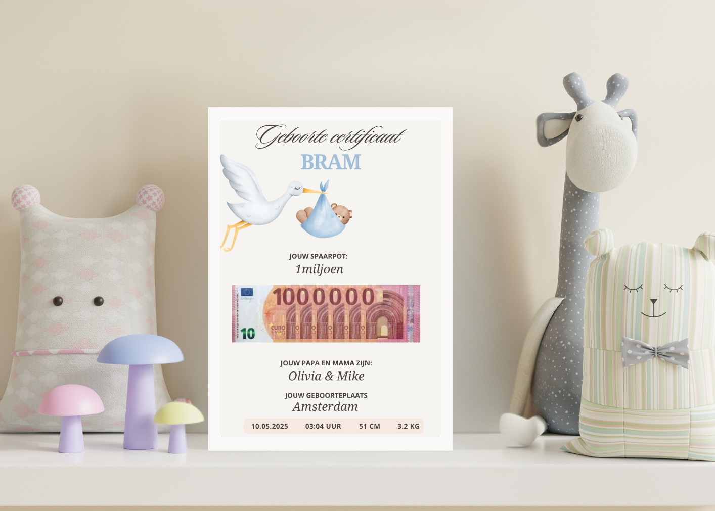 Blijvend gepersonaliseerd geld cadeau geboorte jongen