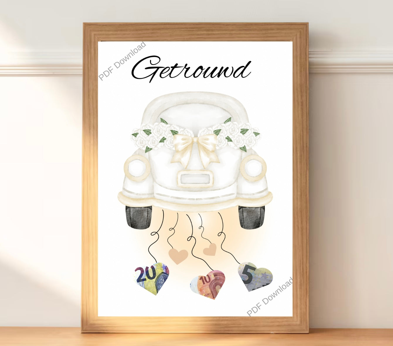 Elegante "getrouwd" cadeau ontwerp met trouwauto, perfect voor huwelijksvieringen