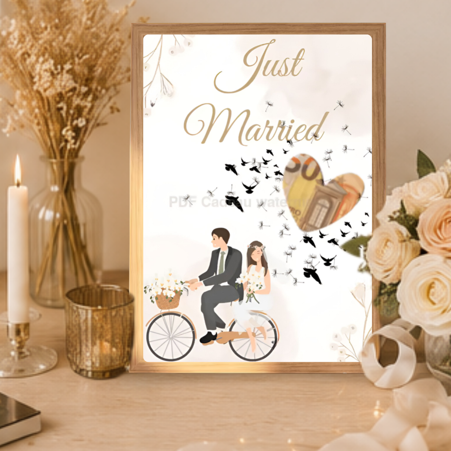 Just Married cadeau met geld in lijst