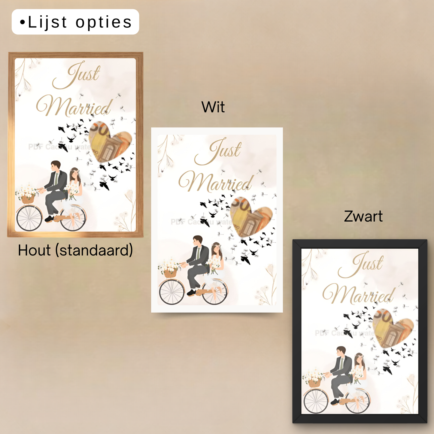 Just Married cadeau met geld in lijst