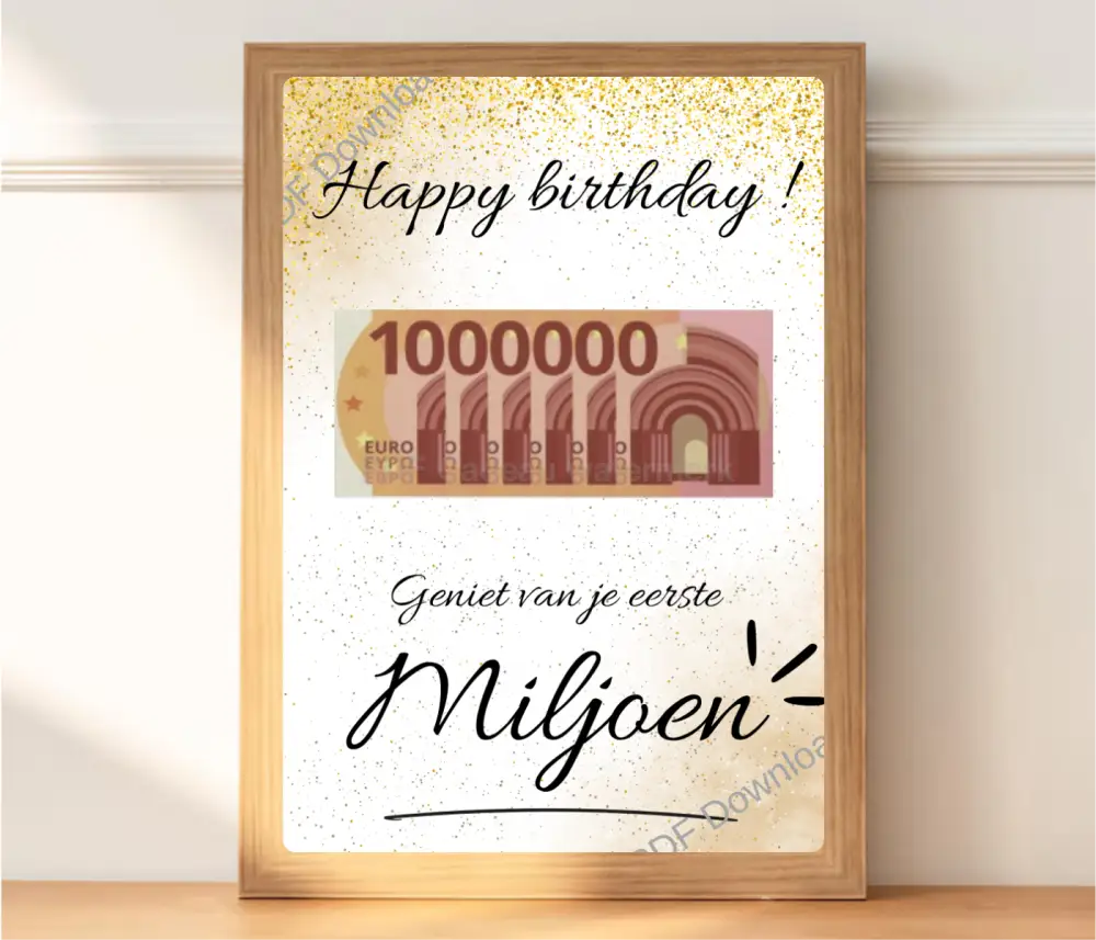 Fotolijst geldcadeau - Geniet van je eerste miljoen - verjaardag cadeau - PDF Cadeau